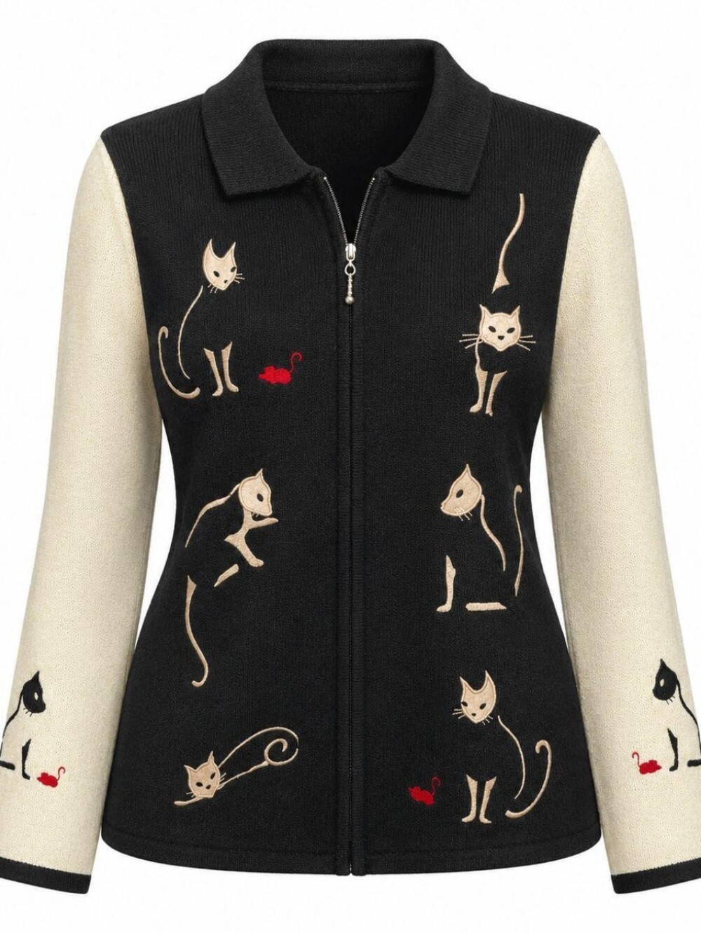 Vintage Cat Knit Jacket Size Medium Black Cream